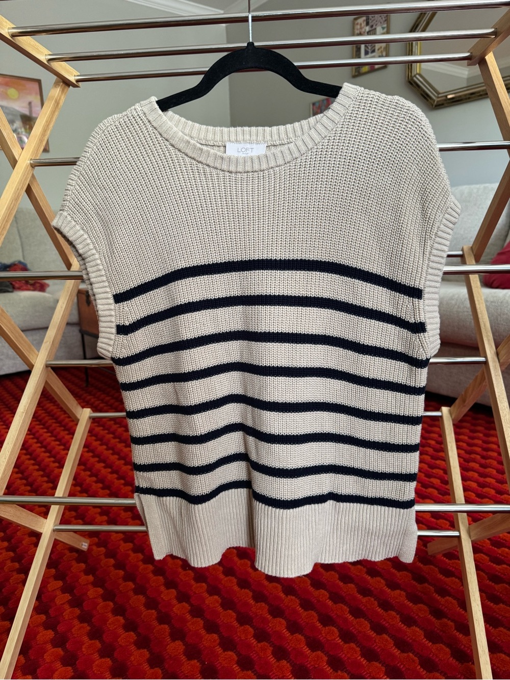 LOFT Cream & Black Striped Knit Sleeveless Pullover